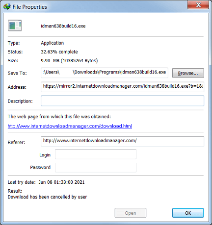 'File Properties' Internet Download Manager dialog